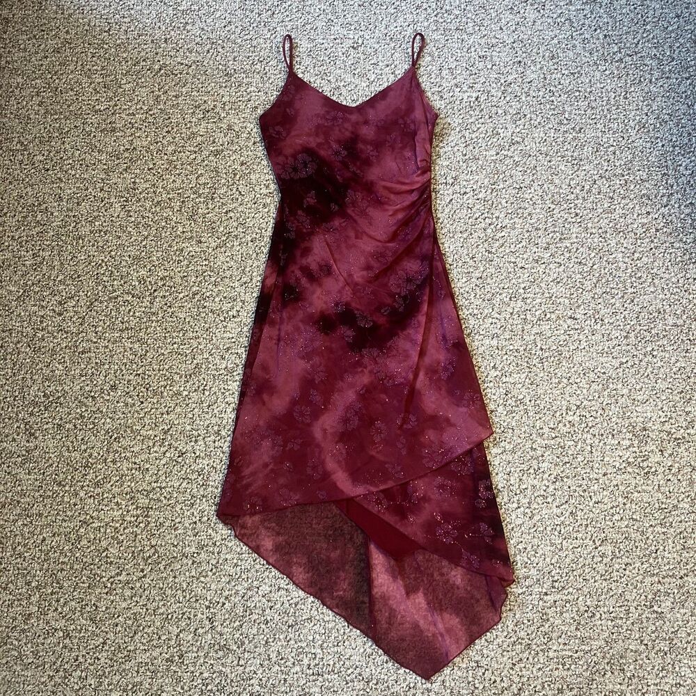 Vintage Womens Red Slip Dress Size S Asymmetric Whimsigoth Y2K Floral Dark Fairy